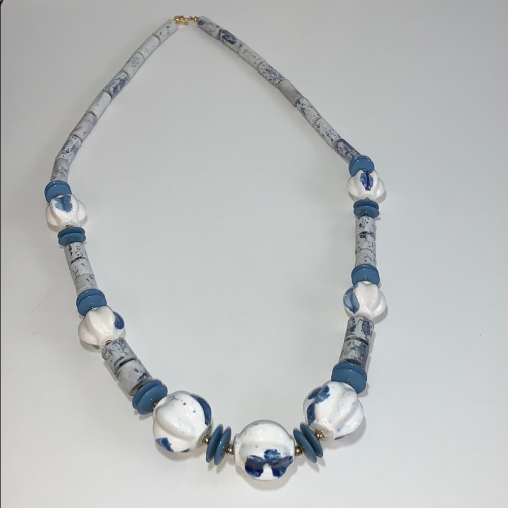 Chunky Ceramic Bead Necklace Stamped Japan 30” Blue White Grannycore